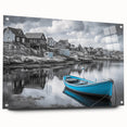 Acrylic wall art showcasing a vibrant harbor landscape design, displayed in a sleek glass frame with stylish pins, ideal for modern home decor.
