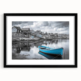 Framed wall art featuring a serene harbor landscape design, with a sleek black frame and mat, perfect for enhancing home decor in living spaces or offices.