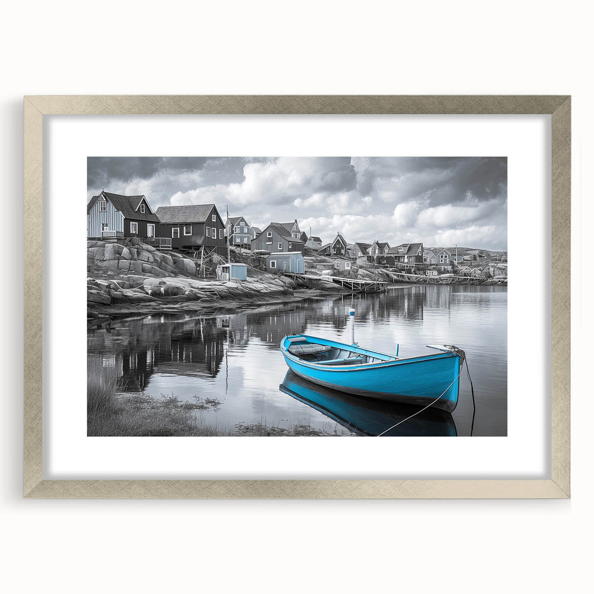 Framed wall art collection showcasing a serene harbor landscape design with a silver mat, perfect for enhancing modern home decor and adding an elegant touch.