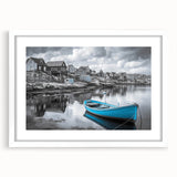 Framed wall art showcasing a serene harbor landscape with vibrant colors, featuring a white mat and sleek frame, ideal for home decor enhancement.