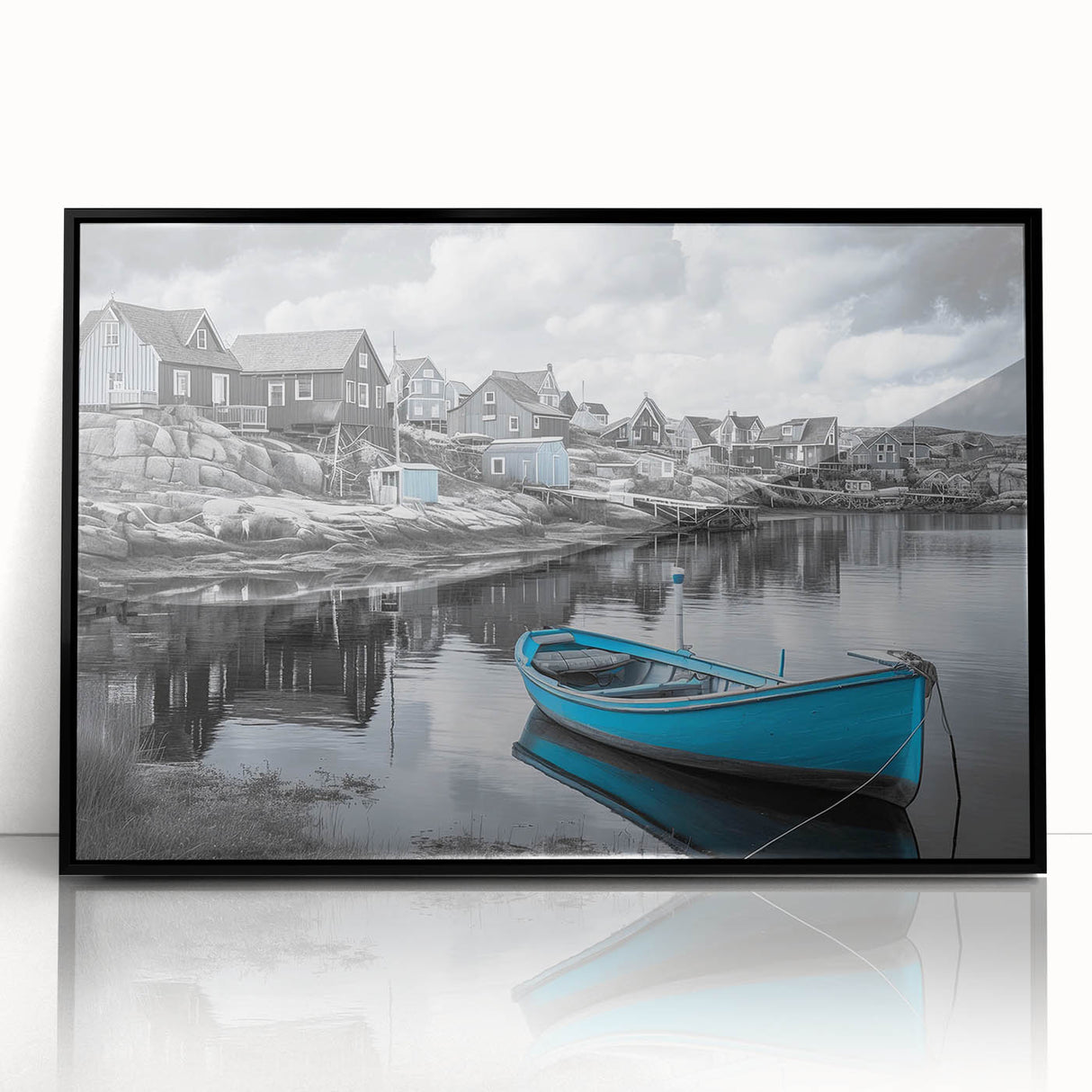 Framed acrylic wall art depicting a serene harbor landscape, featuring vibrant colors and intricate details, with a sleek black frame enhancing its modern aesthetic. Perfect for coastal-themed decor, adding elegance to any space.