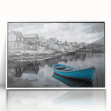 Framed acrylic wall art showcasing a serene harbor landscape design, featuring calming blue tones and vibrant details, perfect for enhancing modern home decor.