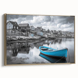 Framed canvas wall art featuring a serene harbor landscape design with gold accents, showcasing a side view of the piece against a neutral background, perfect for home decor.