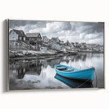 Framed canvas wall art showcasing a serene harbor landscape design with silver accents, perfect for modern home decor. The piece adds a tranquil touch to any space.