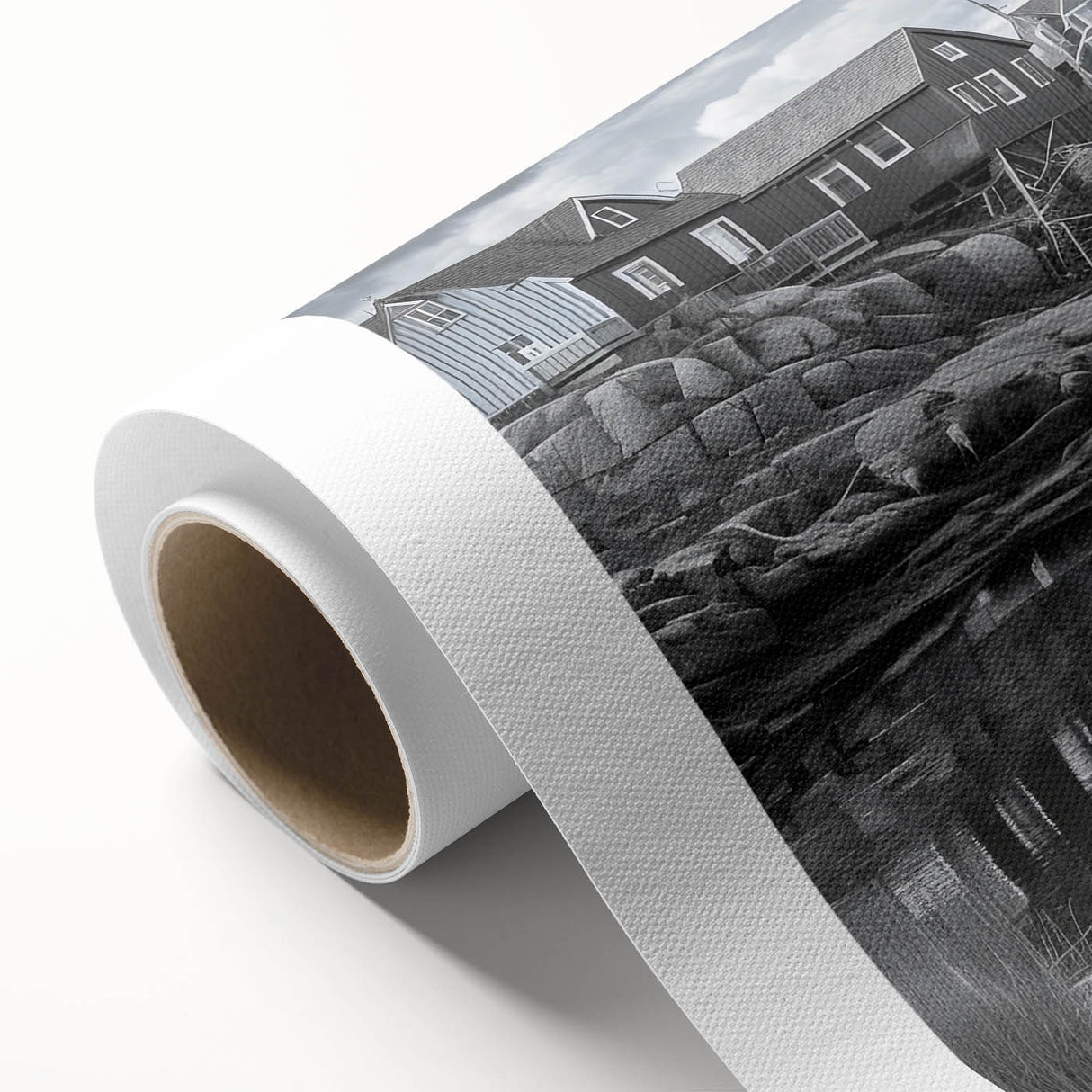 Rolled canvas showcasing a vibrant harbor landscape design with rich colors and intricate details, packaged securely in a sturdy cardboard tube for safe delivery.