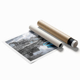 Vibrant rolled wall art print showcasing a serene harbor landscape, featuring calming blues and greens, perfect for home decor. Packaged securely in a cardboard tube for safe delivery.