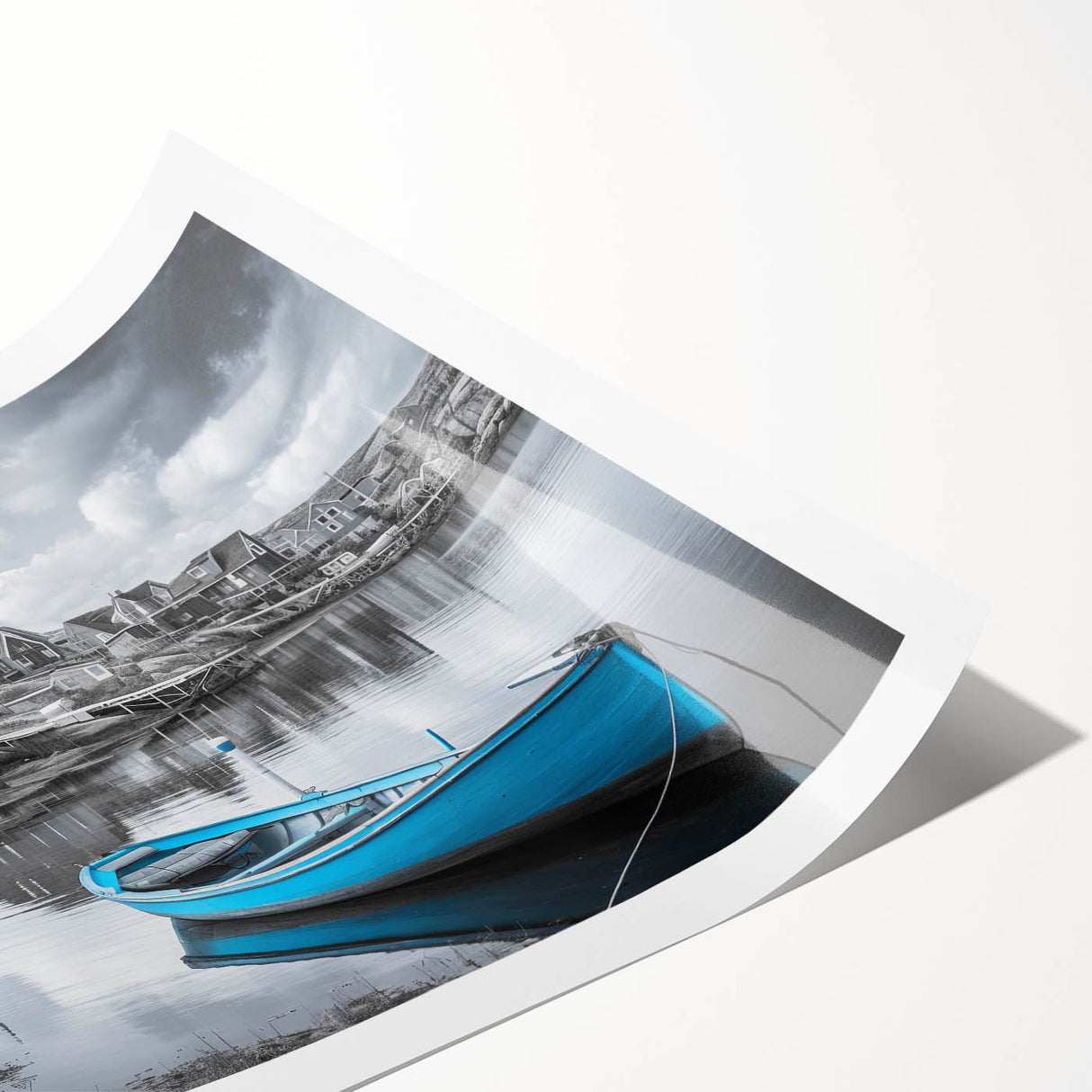 Rolled print showcasing a serene harbor landscape in soft blues and greens, designed for wall art display, emphasizing tranquility and nature's beauty.