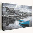 Stretched canvas wall art showcasing a serene harbor landscape design, with vibrant blues and greens, perfect for enhancing home decor and creating a calming atmosphere.