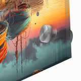 Close-up of a vibrant acrylic glass artwork depicting a serene harbor landscape, showcasing vivid colors and intricate details, perfect for home decor.