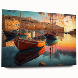 Acrylic glass wall art piece showcasing a vibrant harbor landscape design, viewed from the side, highlighting its sleek frame and stunning colors, ideal for modern decor.