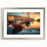 Silver-framed wall art featuring a serene harbor landscape design. The artwork includes a white mat, enhancing its elegance, perfect for home decor.