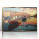 Framed wall art featuring a modern harbor landscape design with gold accents, perfect for interior decor. The acrylic front offers a sleek finish, enhancing visual appeal.