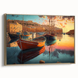 Framed canvas wall art showcasing a serene harbor landscape with golden accents, perfect for home decor. Ideal for adding a touch of elegance to living spaces.