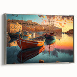 Framed canvas wall art showcasing a serene harbor landscape design with silver accents, perfect for enhancing modern home decor. The piece features tranquil colors and intricate details, capturing the beauty of coastal scenery.