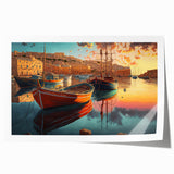 Vibrant rolled print of a serene harbor landscape featuring soft blue waters and lush greenery, ideal for home decor or office ambiance. Packaged securely for delivery.