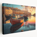 Stretched canvas wall art showcasing a serene harbor landscape, featuring vibrant blue water, lush green hills, and a soft sunset glow, ideal for home decor.