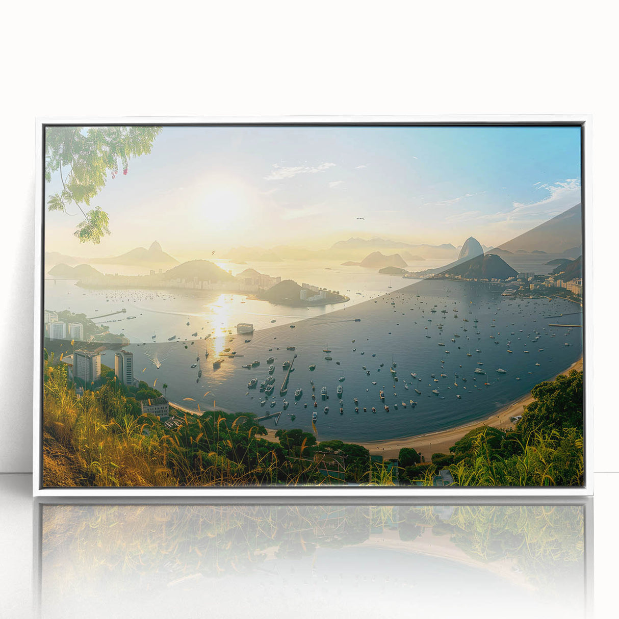 Framed acrylic wall art featuring a serene harbor landscape design, showcasing vibrant blues and whites, perfect for home decor. Ideal for adding a coastal touch to any room.