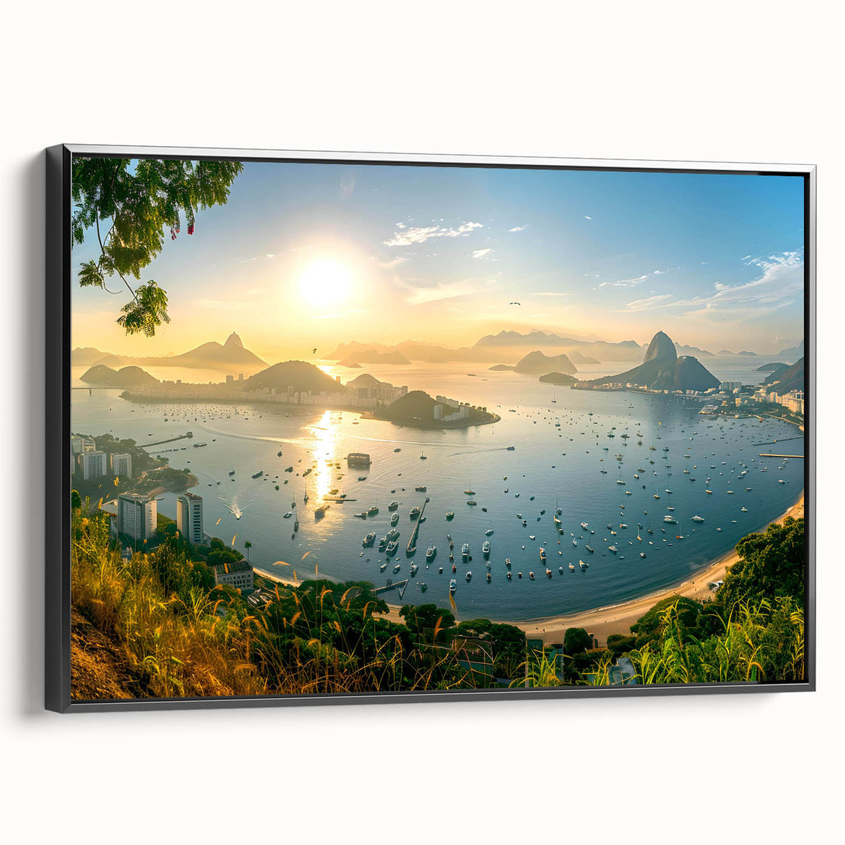 Framed canvas wall art featuring a serene harbor landscape design, showcasing tranquil waters and lush greenery, with a sleek black frame enhancing its elegance. Ideal for home decor enthusiasts seeking a coastal vibe.