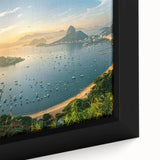 Close-up of a framed canvas print showcasing a vibrant harbor landscape design, featuring rich blues and greens, perfect for adding elegance to any wall decor.