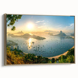 Framed canvas wall art showcasing a serene harbor landscape design with golden accents, perfect for enhancing home decor. The side view highlights its elegant frame and vibrant colors.