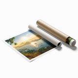 Rolled print of a serene harbor landscape, showcasing vibrant blue waters and a picturesque sunset, ideal for home decor and artistic inspiration.