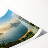 Vibrant wall art print showcasing a serene harbor landscape with colorful boats and reflections on water, rolled for easy shipping and display.