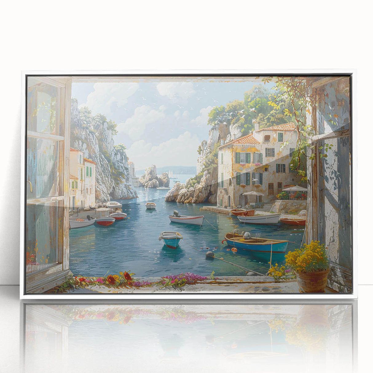 Framed acrylic wall art featuring a vibrant harbor landscape design, showcasing tranquil water reflections and lush greenery, ideal for home decor.