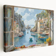 Stretched canvas artwork showcasing a serene harbor landscape design, featuring vibrant blues and greens, perfect for enhancing home decor with a coastal vibe.