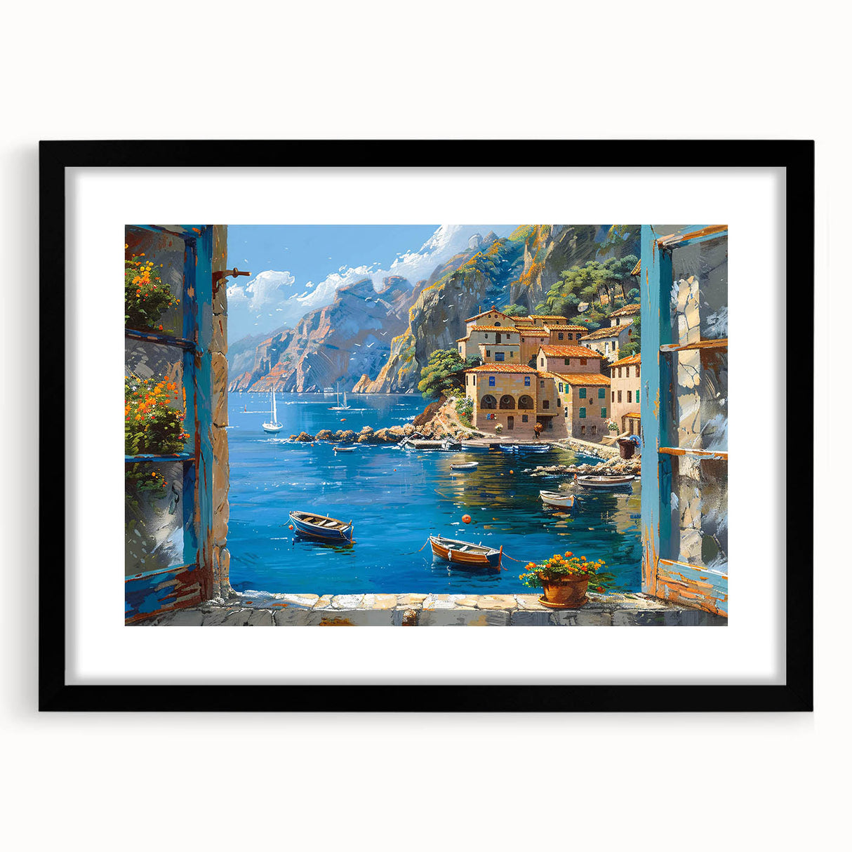 Framed wall art from the Landscapes Harbor Design collection, showcasing a serene coastal scene with soft blues and greens, set in a sleek black frame.