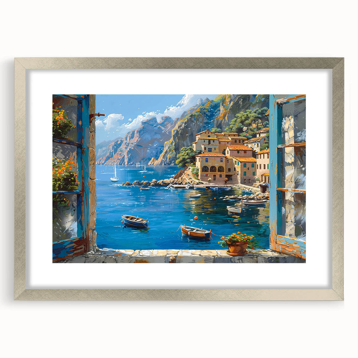 Framed wall art featuring a silver mat showcasing a serene harbor landscape design, ideal for home decor, enhancing any living space with elegance.