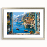 Framed wall art featuring a silver mat showcasing a serene harbor landscape design, ideal for home decor, enhancing any living space with elegance.