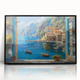 Framed acrylic wall art featuring a serene harbor landscape design with vibrant colors, showcased in a sleek black frame, ideal for home decor enhancement.