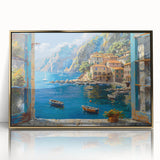 Framed acrylic wall art featuring a serene harbor landscape design with golden accents, showcasing a vibrant sunset over calm waters, ideal for modern decor.