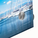 Close-up of a vibrant acrylic glass wall art piece depicting a serene harbor landscape, showcasing rich colors and intricate details, perfect for modern home decor.