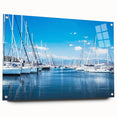 Acrylic glass wall art collection featuring a scenic harbor design, displayed from a side view with visible mounting pins, perfect for modern home decor.
