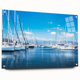 Acrylic glass wall art collection featuring a scenic harbor design, displayed from a side view with visible mounting pins, perfect for modern home decor.