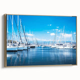 Framed canvas wall art showcasing a serene harbor landscape with gold accents, perfect for enhancing modern decor in living spaces or offices.