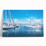 Stretched canvas artwork depicting a serene harbor landscape with vibrant colors, ideal for modern home decor. Perfect for adding a tranquil ambiance to living spaces.