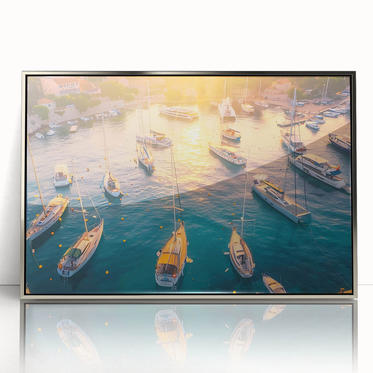 Framed acrylic wall art featuring a serene harbor landscape design, showcasing tranquil colors and intricate details, designed to enhance modern home decor.