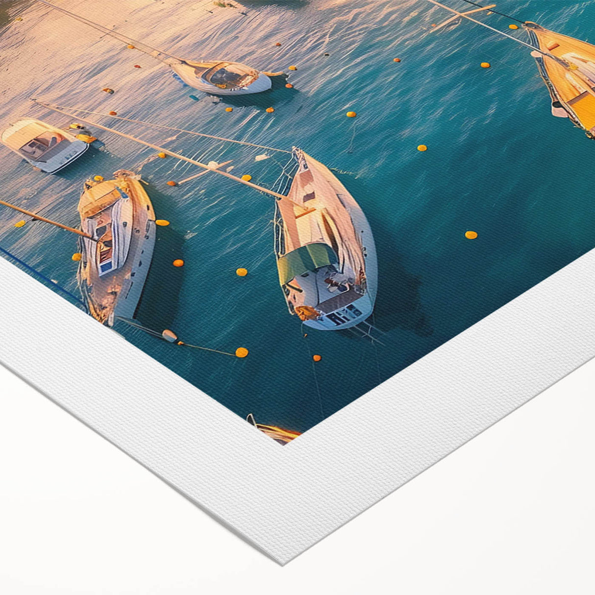 Rolled canvas showcasing a serene harbor landscape design, featuring vibrant blues and greens, elegantly packaged in a durable cardboard tube for safe shipping.