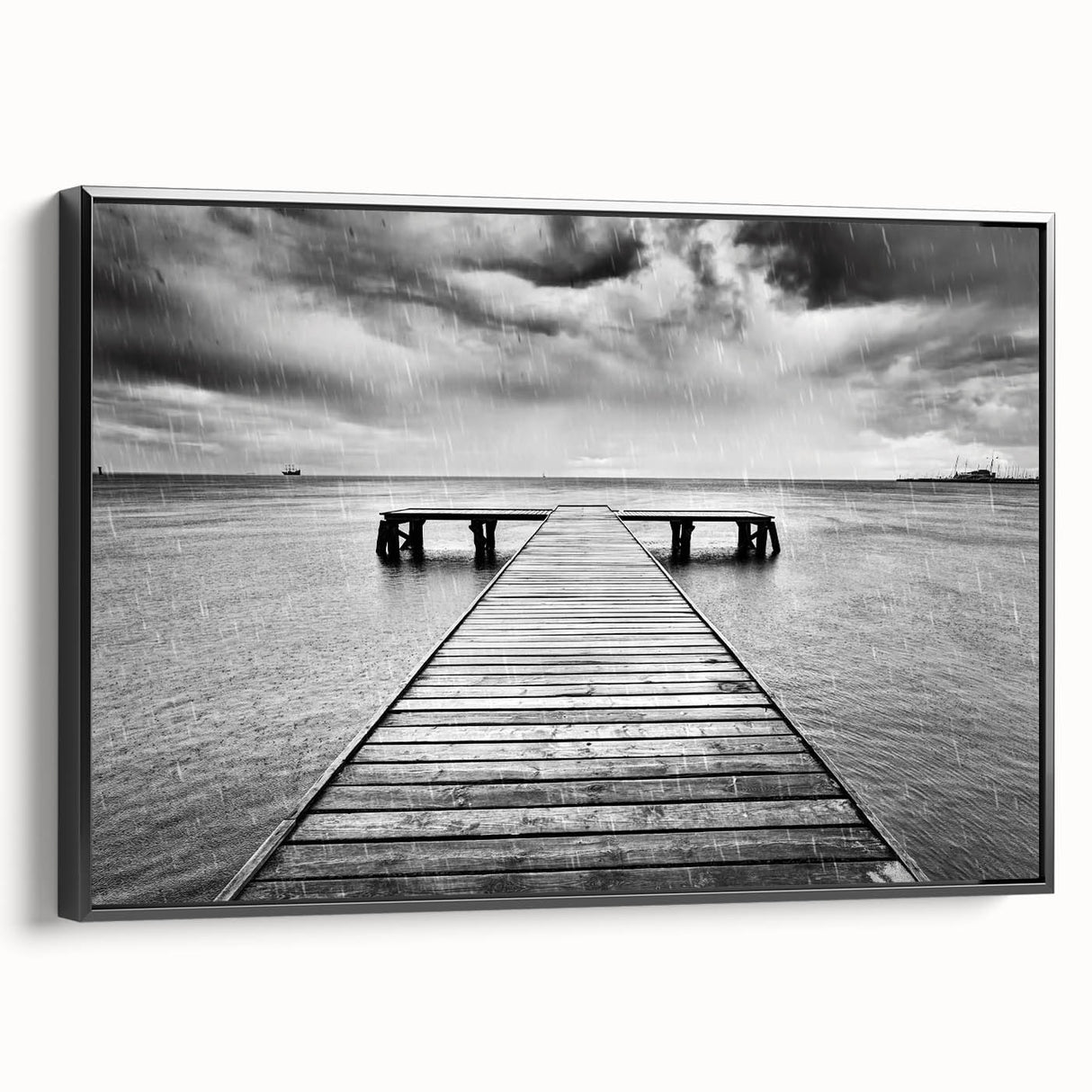 Framed canvas wall art showcasing a serene harbor landscape design, featuring vibrant colors and detailed textures, presented from a side view with a sleek black frame.