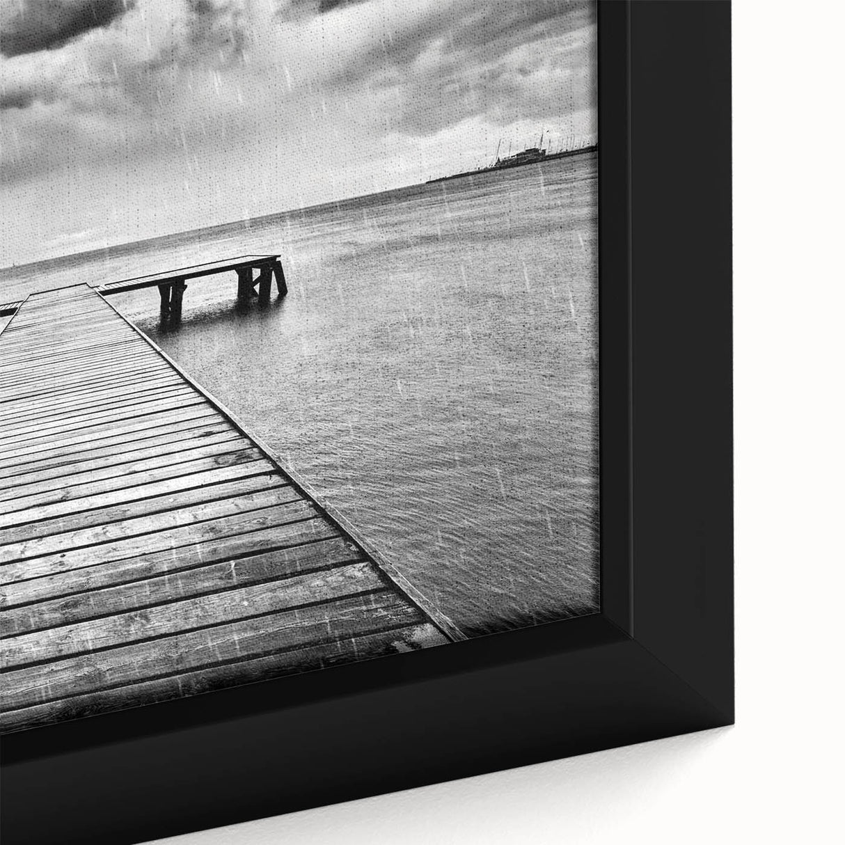 Close-up of a framed canvas wall art piece showcasing a serene harbor landscape design, featuring vibrant colors and intricate details, perfect for home decor.