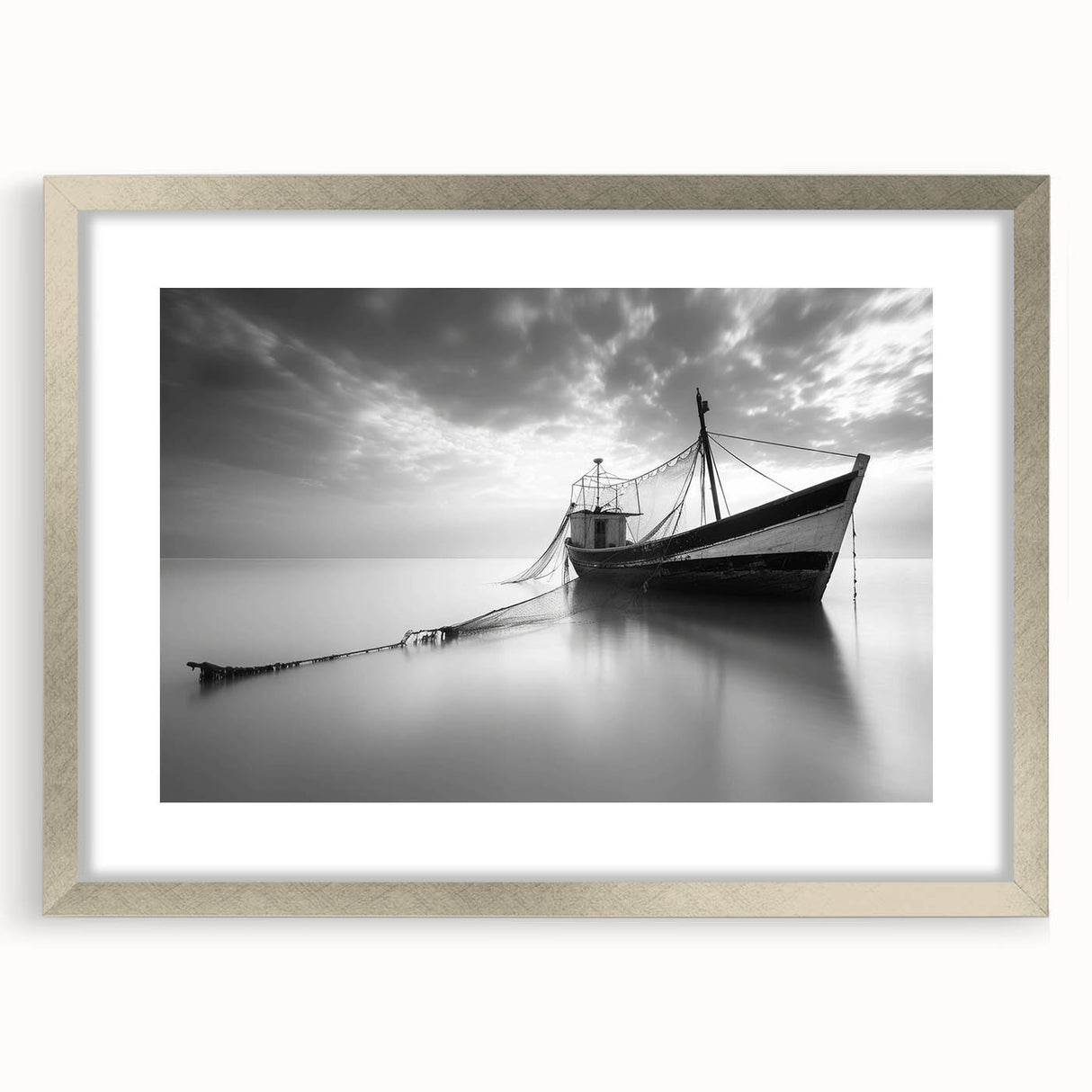 Framed silver wall art from the Landscapes Harbor Design collection, showcasing serene coastal scenery with a mat, ideal for home decor enhancement.