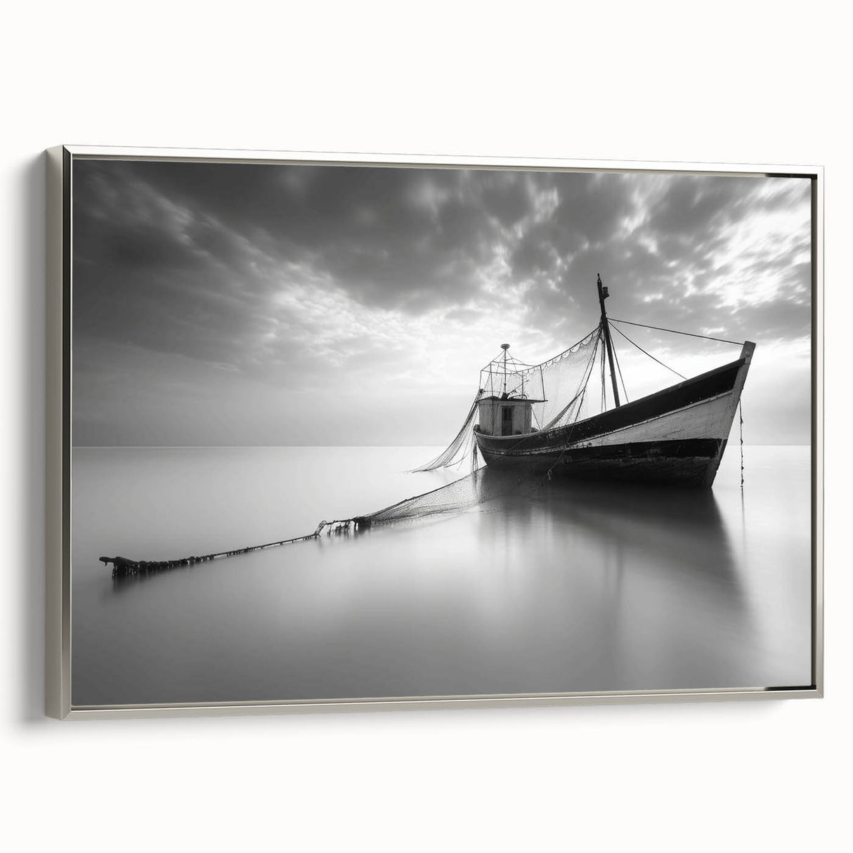 Framed canvas wall art from the Landscapes Harbor Design 22 collection, showcasing serene coastal scenery with silver accents, perfect for modern home decor.
