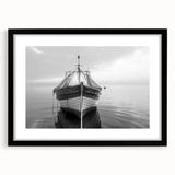 Black-framed wall art showcasing a serene harbor landscape design, complete with a white mat, perfect for enhancing home decor with a touch of elegance.