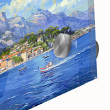 Close-up of a vibrant harbor landscape wall art collection featuring acrylic glass, showcasing intricate details and rich colors, perfect for modern home decor.