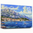 Acrylic glass wall art display showcasing a vibrant harbor landscape design with detailed pins, perfect for home decor, emphasizing coastal serenity and artistic flair.