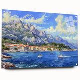 Acrylic glass wall art display showcasing a vibrant harbor landscape design with detailed pins, perfect for home decor, emphasizing coastal serenity and artistic flair.