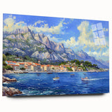 Acrylic glass wall art featuring a stunning landscape harbor design, showcasing vibrant colors and intricate details, presented in a side view without pins for a modern look. Perfect for enhancing interior decor with a coastal theme.