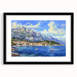 Framed black wall art showcasing a serene harbor landscape design, complete with a white mat, perfect for modern home decor. Ideal for coastal-themed interiors.